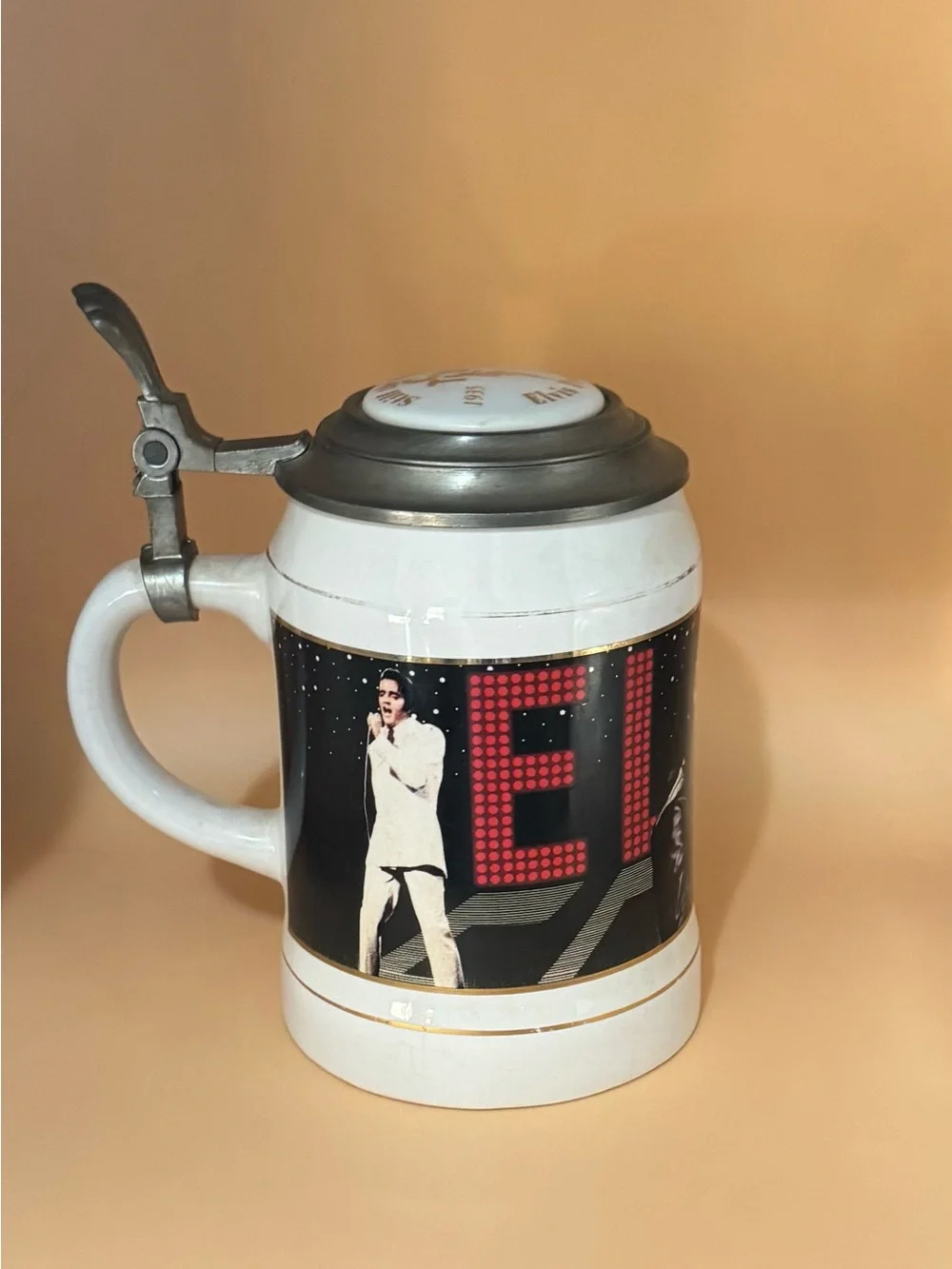 White and Black Ceramic Stein with Pewter Lid - Elvis Design